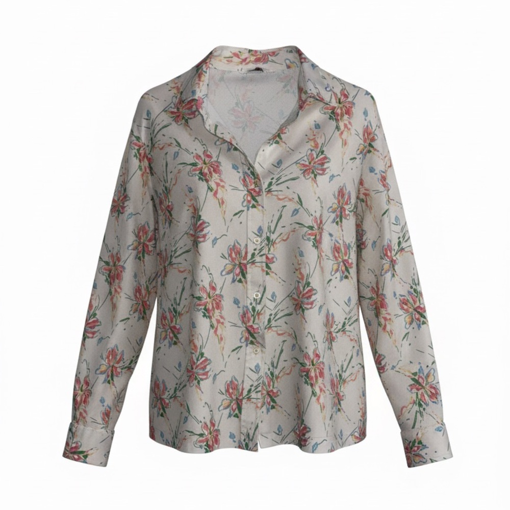 Vintage Sears Floral Print Button-Down Cream Blouse Size 40 P2P 28”
